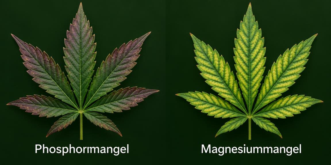 Zwei Blätter mit Nährstoffmangel: Phosphormangel, Magnesiummangel