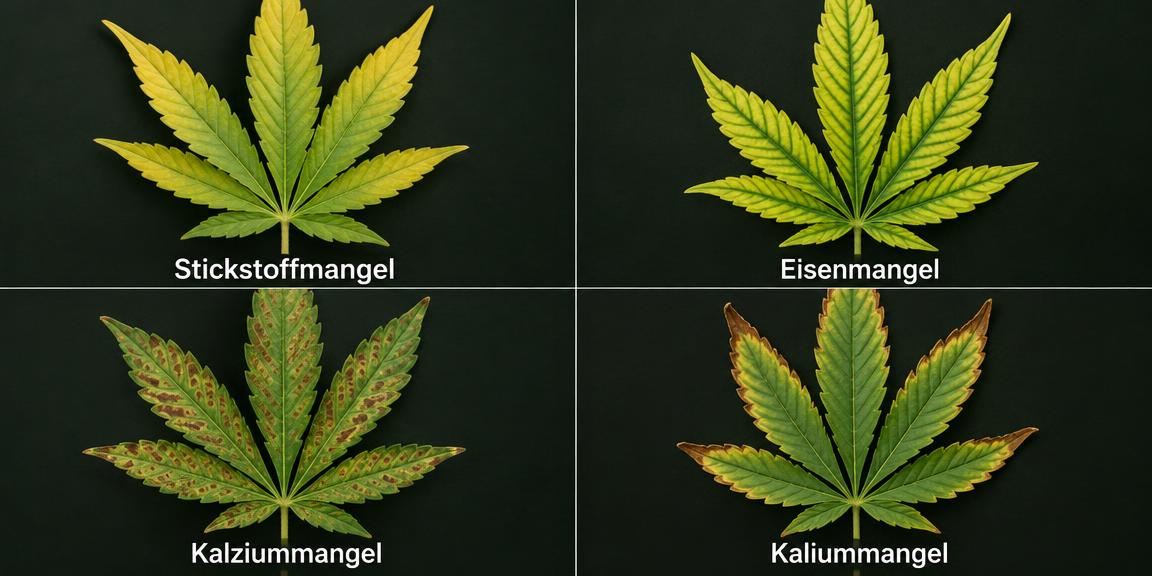 Vier Blätter mit Nährstoffmangel: Stickstoffmangel, Eisenmangel, Kalziummangel, Kaliummangel